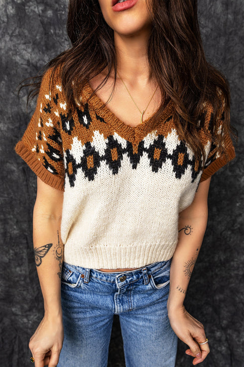 V Neck Short Sleeve Geometric Print Western Knit Sweater