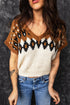 V Neck Short Sleeve Geometric Print Western Knit Sweater