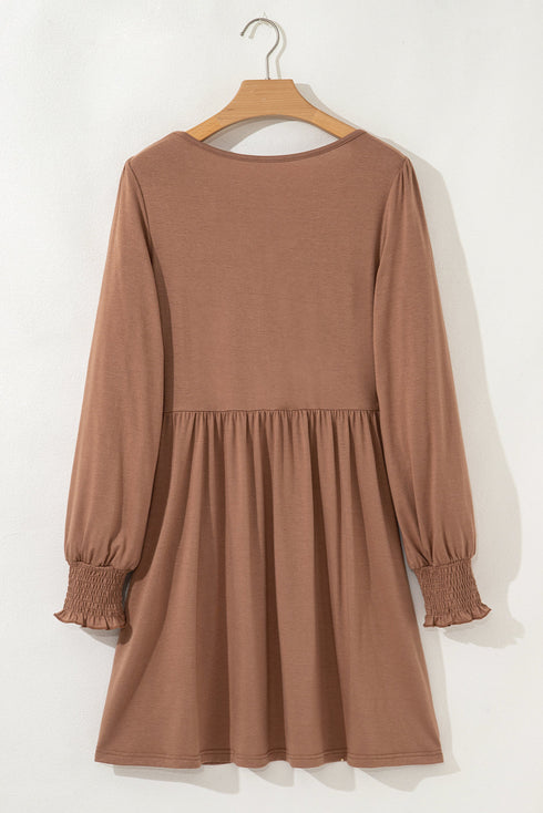 Shirred Cuff Button Round Neck Long Sleeve Mini Dress
