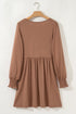 Shirred Cuff Long Sleeve Button Round Neck Mini Dress
