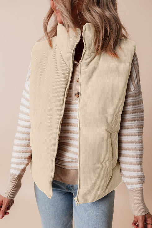 Textured Corduroy Stand Neck Zipped Puffer Vest