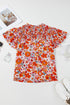 Floral Print V Neck Pleated Ruffle Short Sleeve Blouse