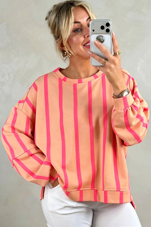 Stripe Print Dropped Shoulder Round Neck Sweatshirt