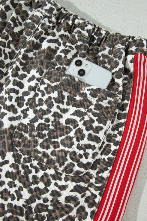 Leopard Patchwork Elastic Waist Panel Detail Jeans
