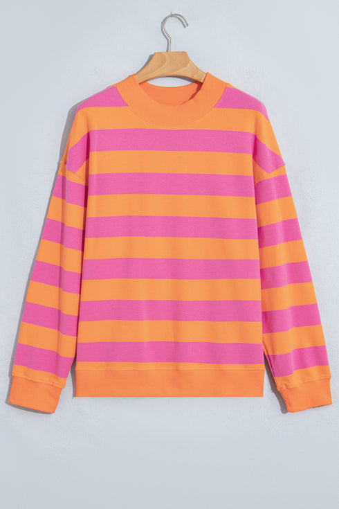 Stripe Print Mock Neck Relaxed Silhouette Sweatshirt