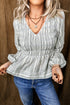 Striped Textured V Neck Shirred Southern Belle Long Sleeve Blouse