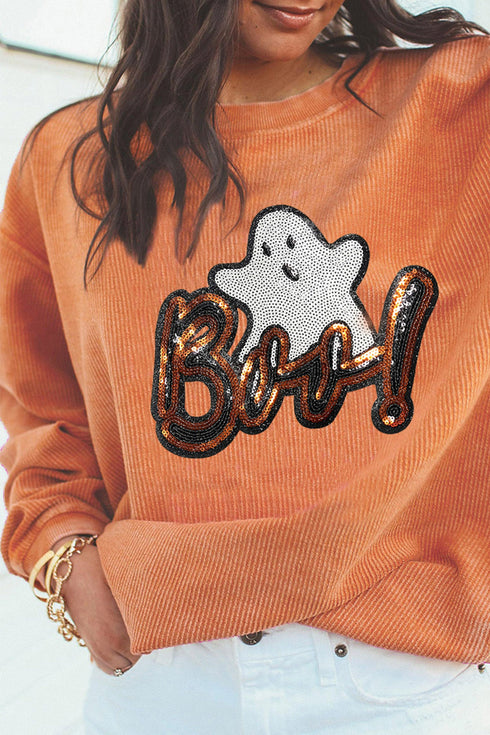 Sequin Ghost Letter Graphic Corded Texture Sweatshirt