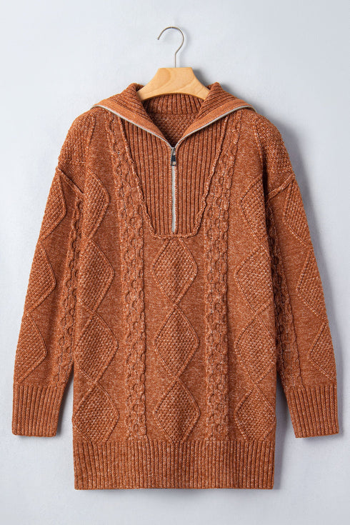 Zip Up Cable Knit Drop Shoulder Sweater Dress