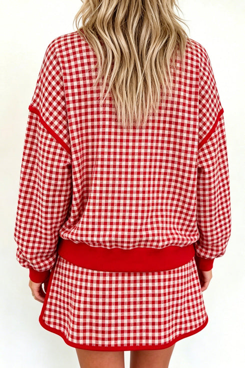Gingham Ribbed Trim Crew Neck Dress Set