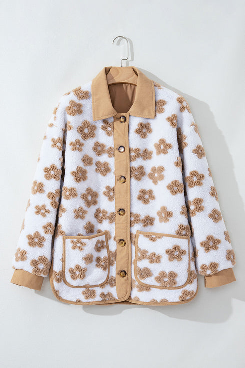 Flower Pattern Button Up Sherpa Fleece Jacket