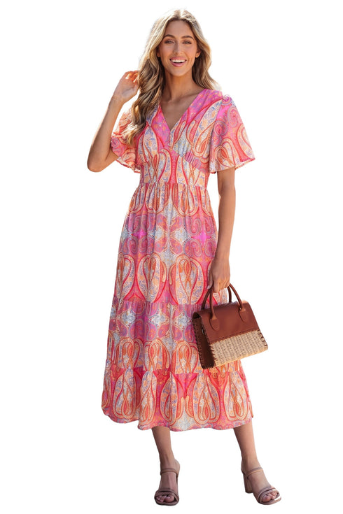 Paisley Print V Neck Short Sleeve Ruffle Bohemian Dress