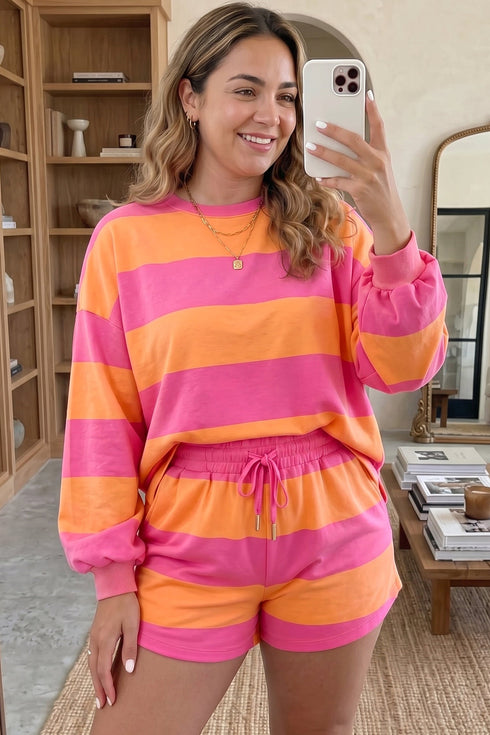 Horizontal Stripe Panel Long Sleeve Drawstring Short Set