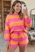 Horizontal Stripe Panel Long Sleeve Drawstring Short Set