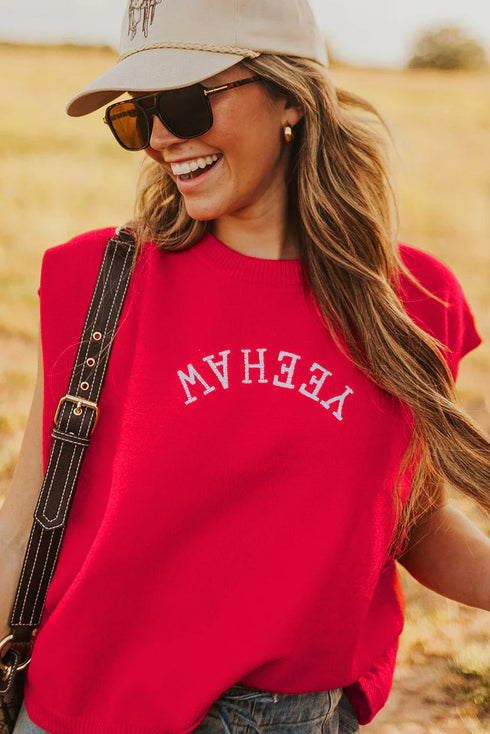 Yeehaw Graphic Sleeveless Crew Neck Knit Sweater