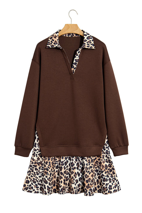 Leopard Patchwork Collared Long Sleeve Mini Dress