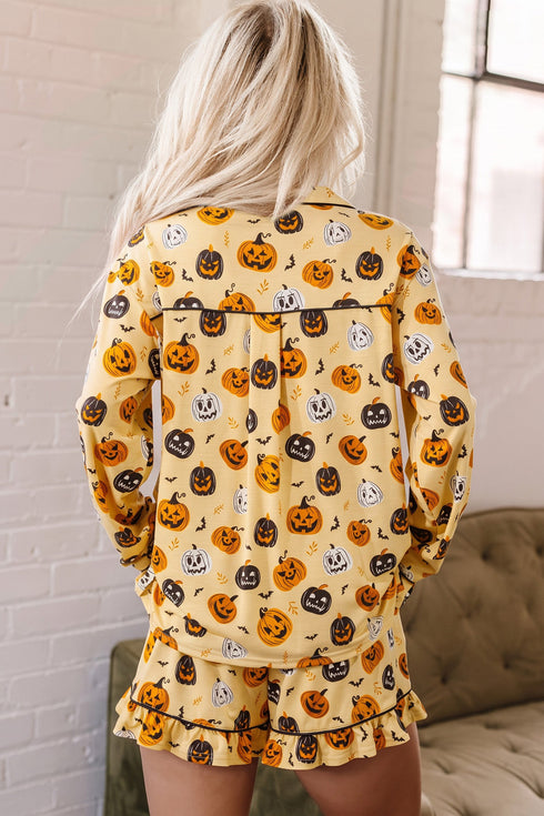Pumpkin Face Print Ruffle Long Sleeve Two Piece Lounge Set