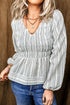 Striped Textured V Neck Shirred Southern Belle Long Sleeve Blouse
