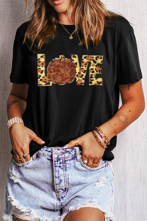 Sequin Pumpkin Leopard Print Love Graphic Tee