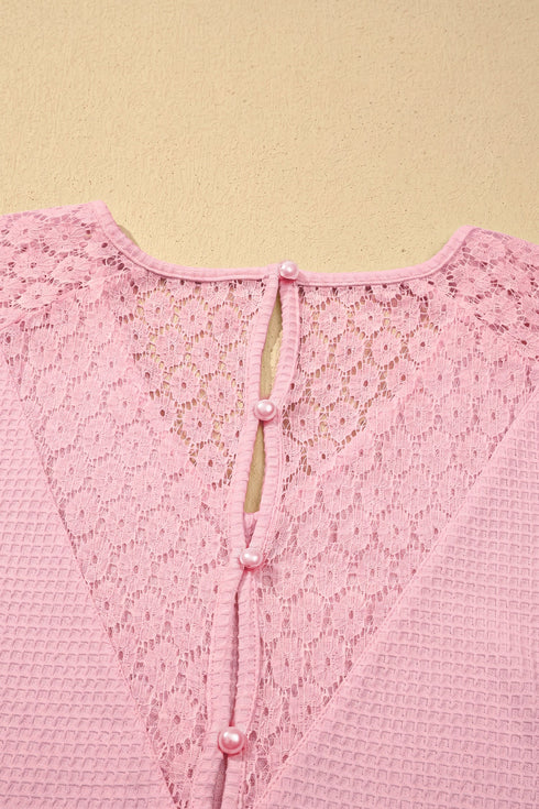 Lace Splicing Button Cutout V Neck Waffle Knit Blouse