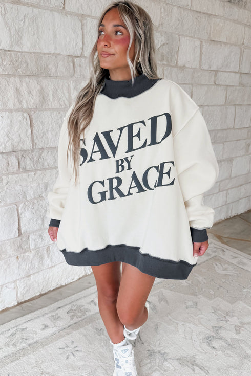 Saved By Grace Print Mock Neck Oversized Sweatshirt