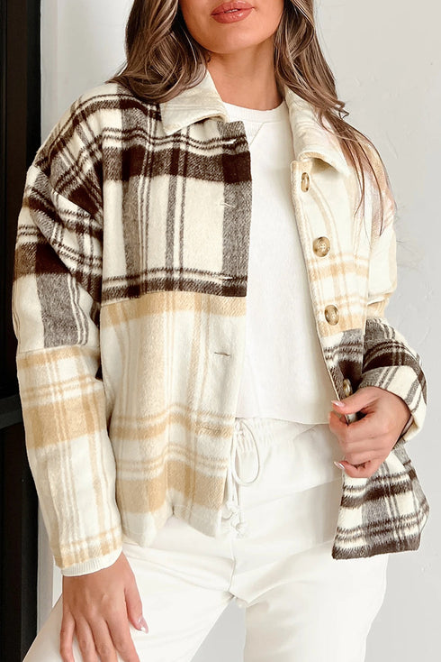 Button Front Patchwork Side Pocket Plaid Shacket