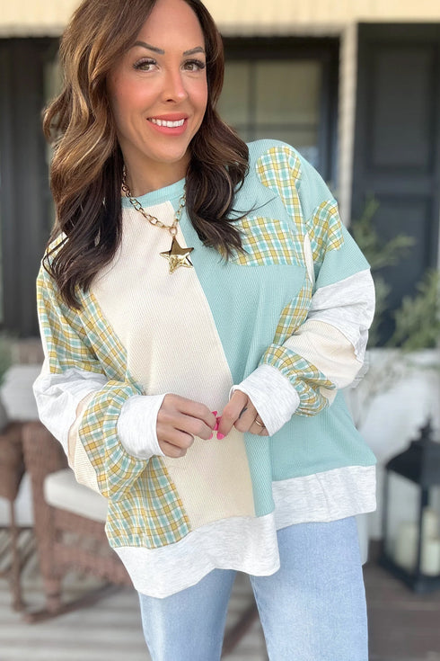 Corded Plaid Applique Patchwork Round Neck Long Sleeve Top