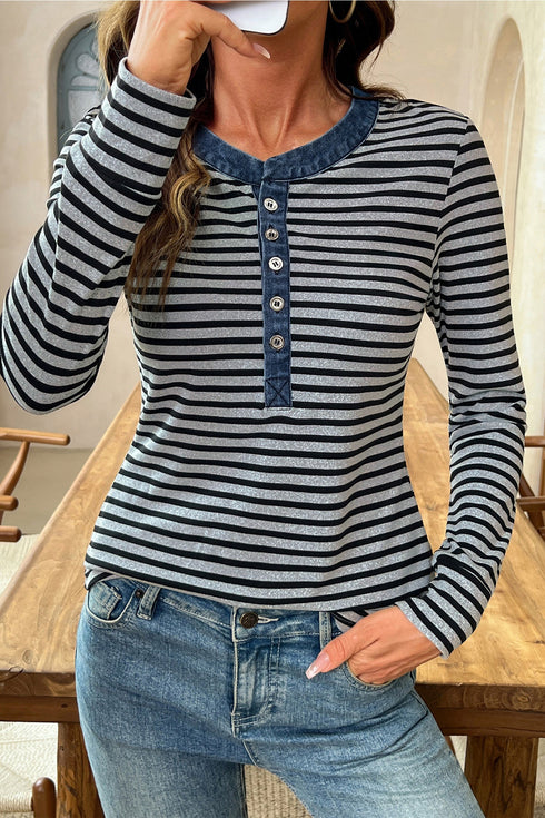 Striped Ribbed Denim Collar Half Button Long Sleeve Top