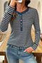Striped Ribbed Denim Collar Half Button Long Sleeve Top
