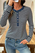 Striped Ribbed Denim Collar Half Button Long Sleeve Top