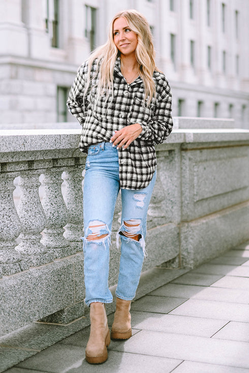 Casual Plaid Print Button Front Tunic Shacket