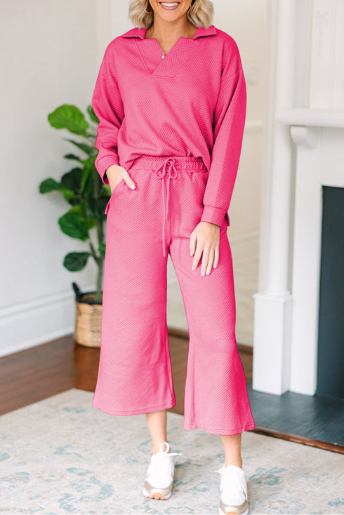 Solid Textured Collared V Neck Wide Leg Pant Sets