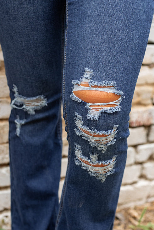 Exclusive Distressed Stretch Denim Flare Jeans