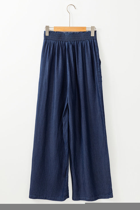 Soft Denim Smocked High Waist Wide Leg Jeans