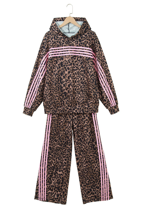 Leopard Print Striped Long Sleeve Top Pant Set