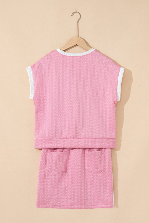 Textured Contrast Trim Crewneck Pocketed Two Piece Dress