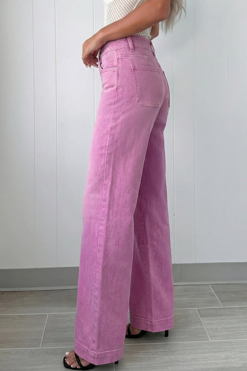 Double Button High Rise Wide Leg Flared Jeans
