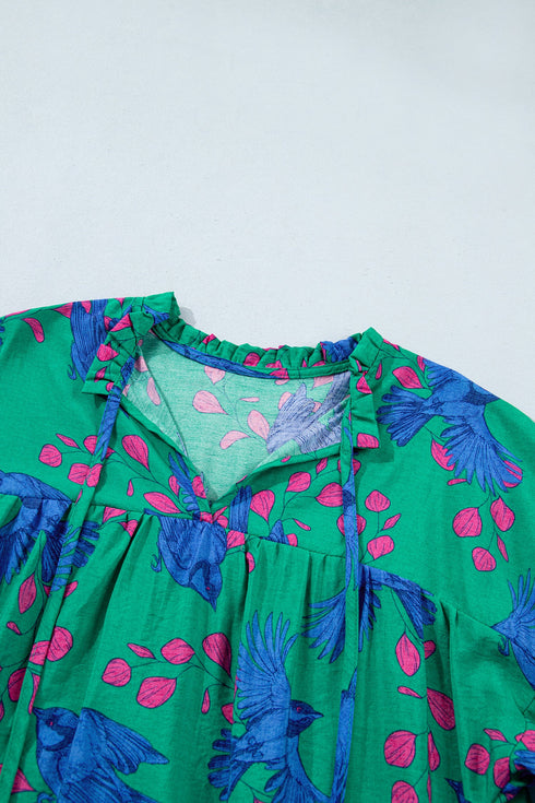 Painterly Abstract Print V Neck Flounced Puff Sleeve Blouse