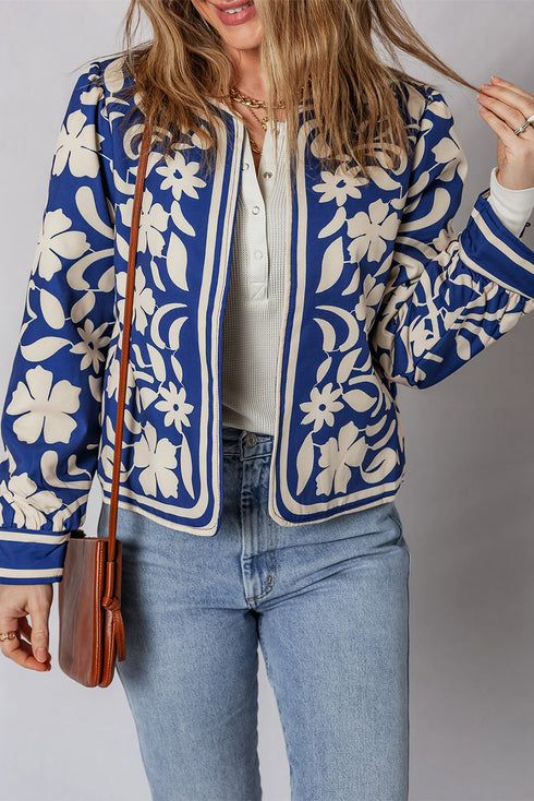 Bohemian Floral Print Open Front Buttoned Cuff Jacket