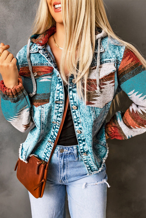 Aztec Print Patchwork Frayed Hem Western Denim Jacket