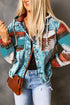 Aztec Print Patchwork Frayed Hem Western Denim Jacket