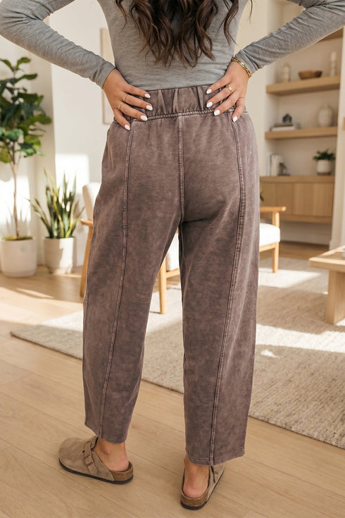 Mineral Wash Seam Detail Elastic Waist Barrel Pants