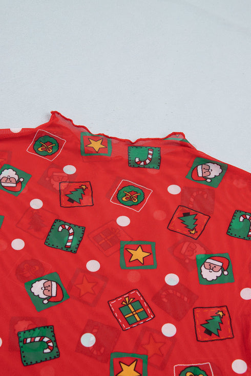 Playful Festive Element Print Sheer Mesh Top