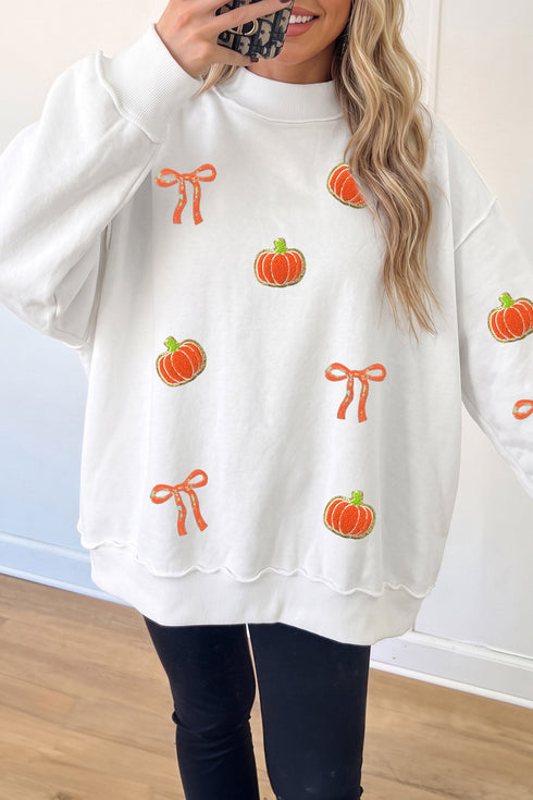 Chenille Pumpkin Sequin Bow Graphic Exposed Seam Mock Neck Sweatshirt
