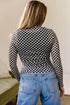 Sheer Mesh Checkered Print Mock Neck Long Sleeve Top