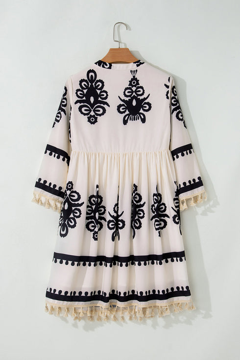 Abstract Print Fringe Tassel Bohemian Western Mini Dress