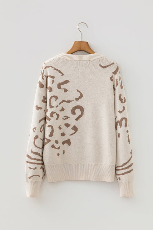 Abstract Animal Pattern Crew Neck Knit Sweater