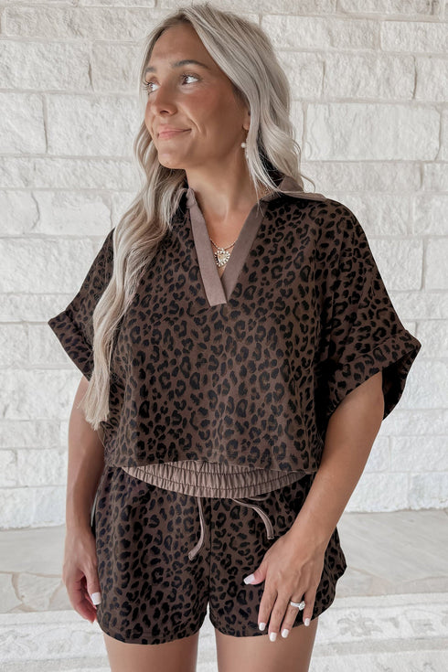 V Neck Collared Leopard Print Two Piece Short Set