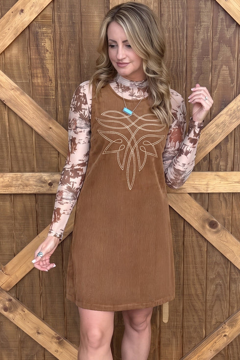 Geometric Embroidery Sleeveless Corduroy Shift Mini Dress