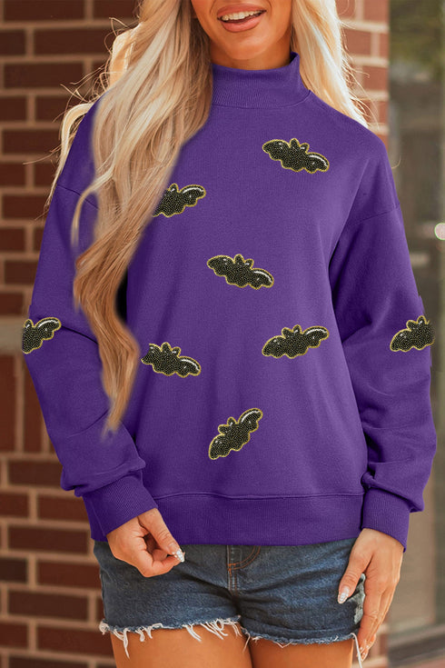 Sequin Bat Pattern Mock Neck Graphic Sweatshirt