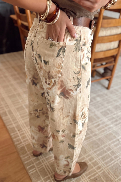 Denim Retro Floral Print Relaxed Barrel Jeans